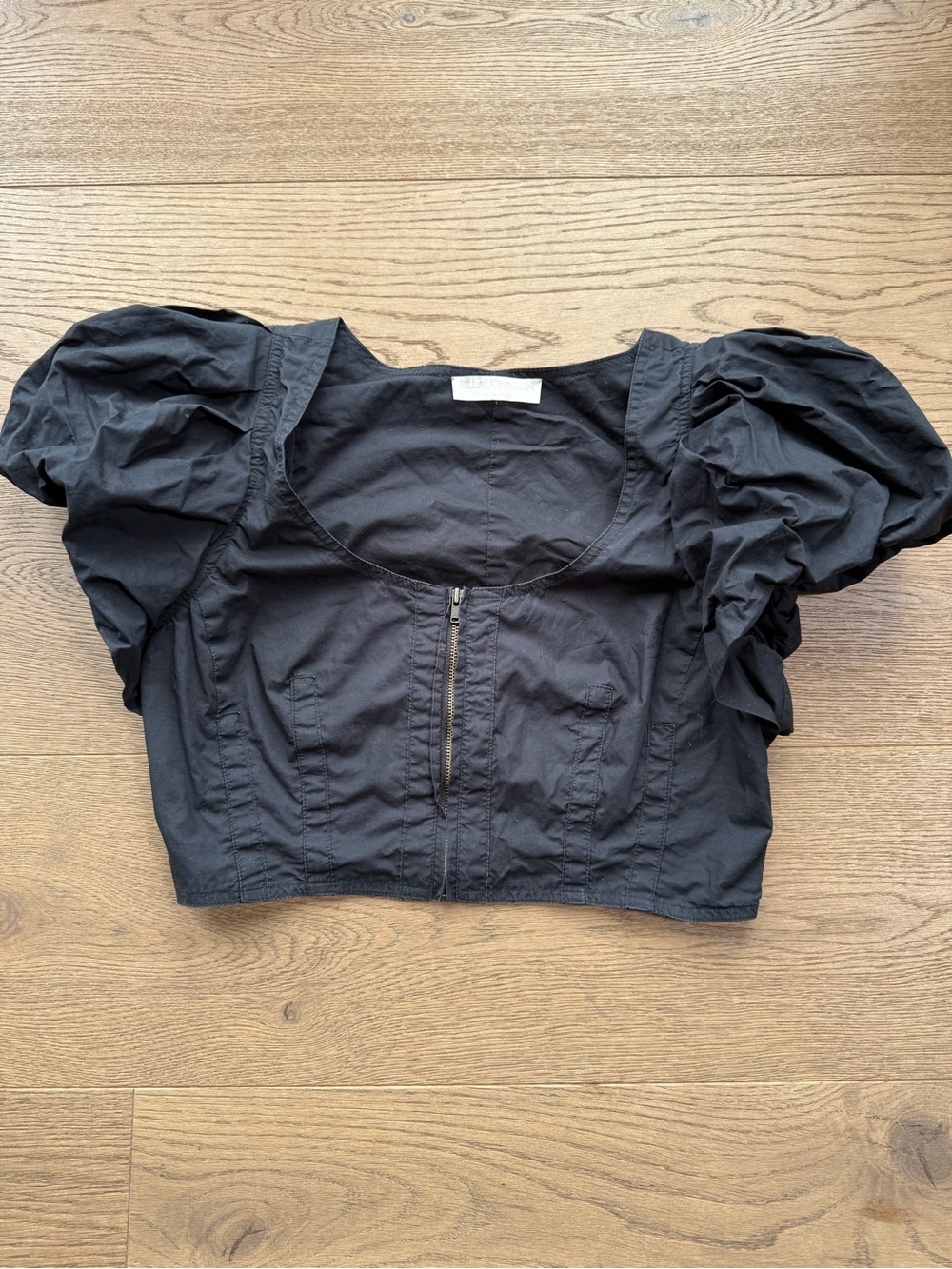 Ulla Johnson Black Puff-Sleeve Crop Top with Front Zip